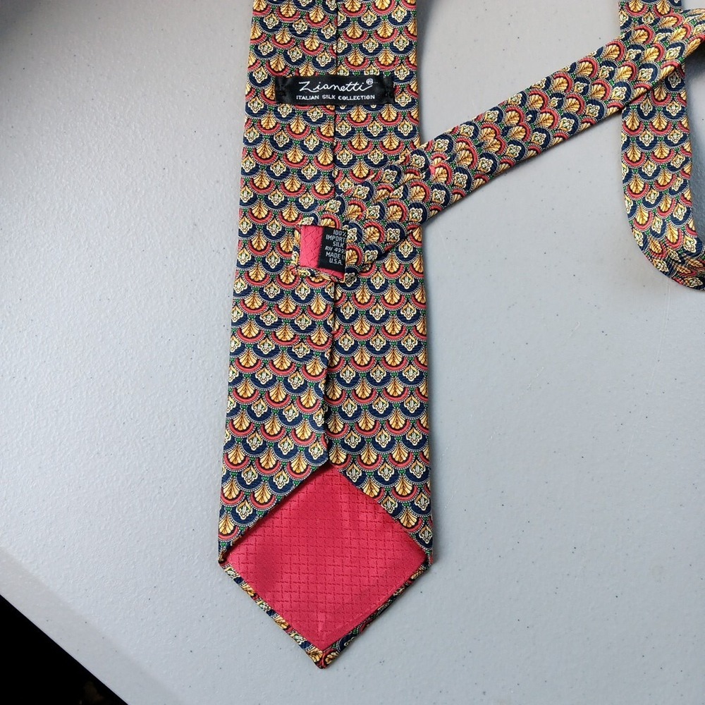 Zianetti Mens Tie Italian 100% Silk Art Deco Gold Navy Costal Countryside Preppy - Picture 4 of 5